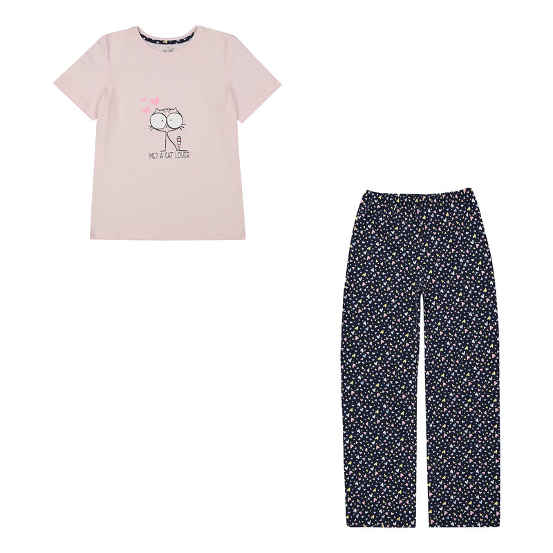 ست تی شرت و شلوار دخترانه ناربن مدل گربه رنگ صورتی