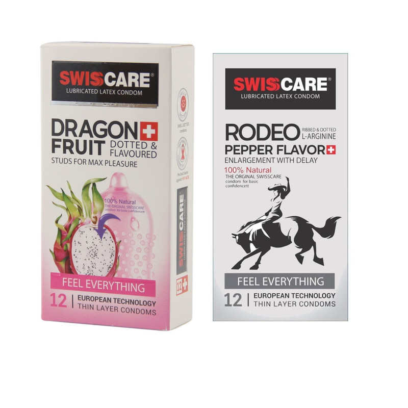 خرید و قیمت کاندوم سوئیس کر مدل DRAGON FRUIT بسته 12 عددی به همراه کاندوم سوئیس کر مدل RODEO بسته 12 عددی