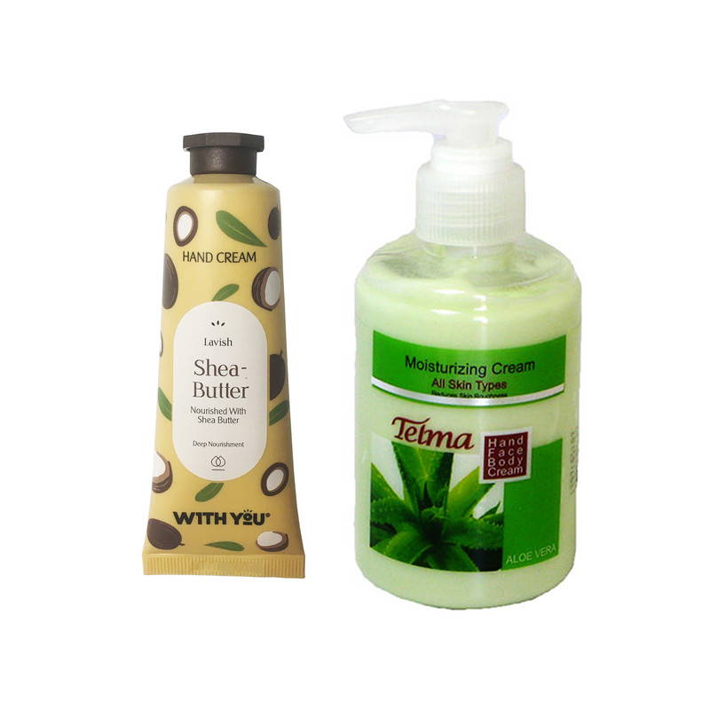 کرم مرطوب کننده مدل آلوئه ورا تلما حجم 200 میلی لیتر به همراه کرم مرطوب کننده ویت یو مدل Shea Butter حجم 50 میلی لیتر