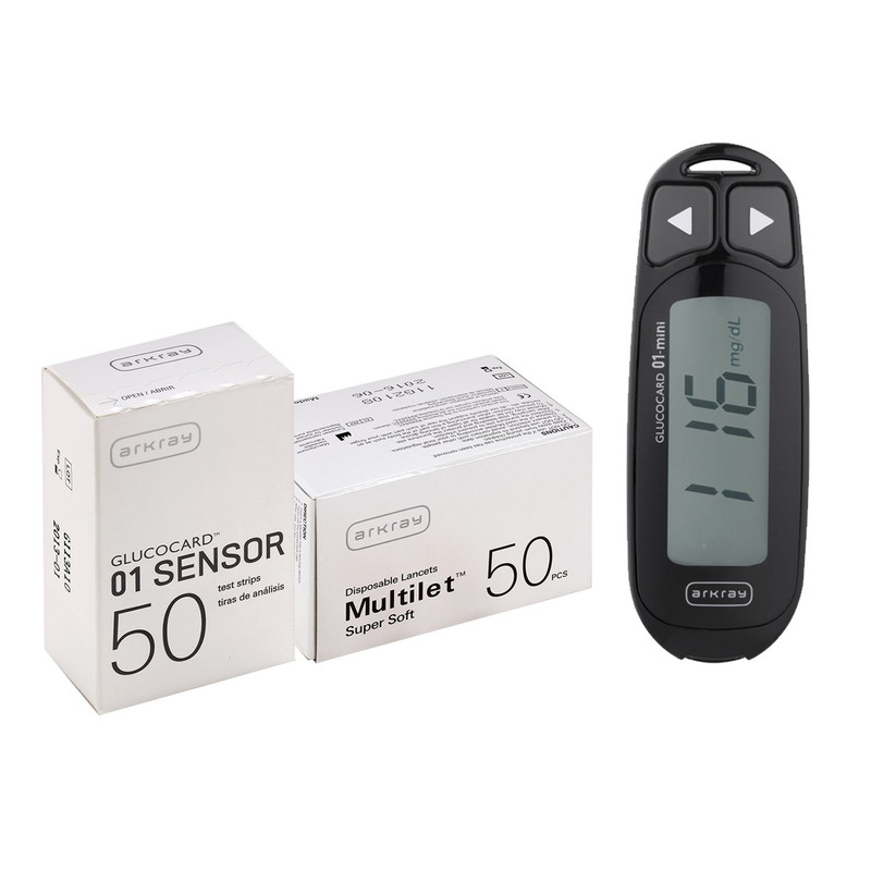 خرید و قیمت دستگاه تست قند خون آرکری مدل Glucocard 01 Mini به همراه یک بسته نوار تست50 عددی و یک بسته سوزن 50 عددی