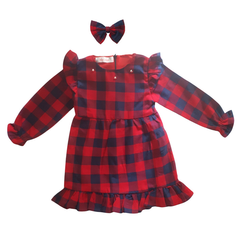 ست پیراهن و گیره مو دخترانه مدل چهارخانه