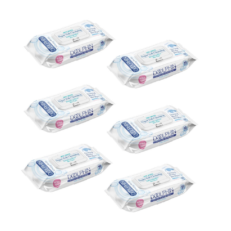 دستمال مرطوب پاک کننده آرایش دلفین کد 60 مجموعه 6 عددی