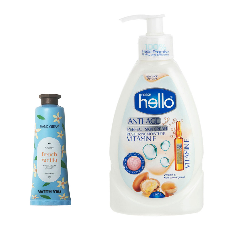 کرم مرطوب کننده هلو فرش مدل آرگان حجم 330 میلی لیتر به همراه کرم مرطوب کننده ویت یو مدل French Vanilla حجم 50 میلی لیتر