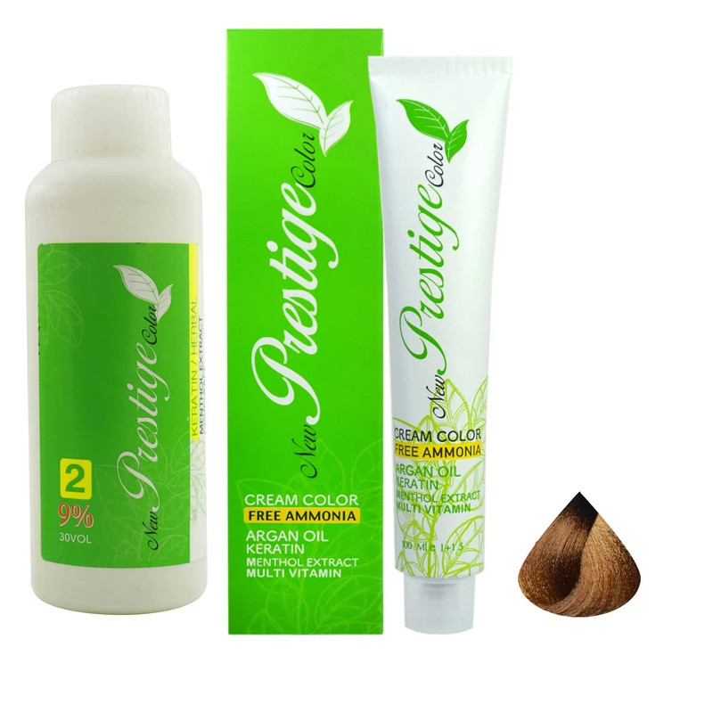 خرید و قیمت رنگ مو نیو پرستیژ کالر شماره 8.5 حجم 100 میلی لیتر رنگ بلوند طلایی به همراه اکسیدان نیو پرستیژ کالر مدل 2 نه درصدی حجم 150 میلی لیتر