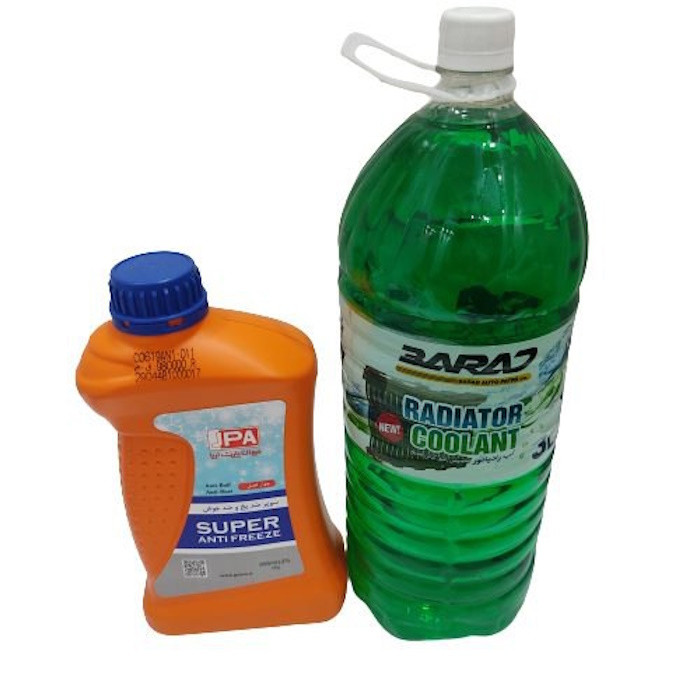 خرید و قیمت ضدیخ جهان پارت آریا مدل 4 فصل حجم 1 لیتر به همراه و آب رادیاتور باراد حجم 3 لیتر