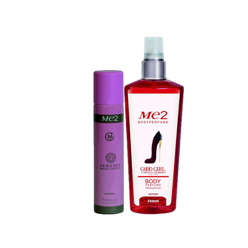 خرید و قیمت بادی اسپلش زنانه می تو مدل گودگل حجم 250 میلی لیتر به همراه اسپری خوشبو کننده بدن مدل ورساچه حجم 75 میلی لیتر
