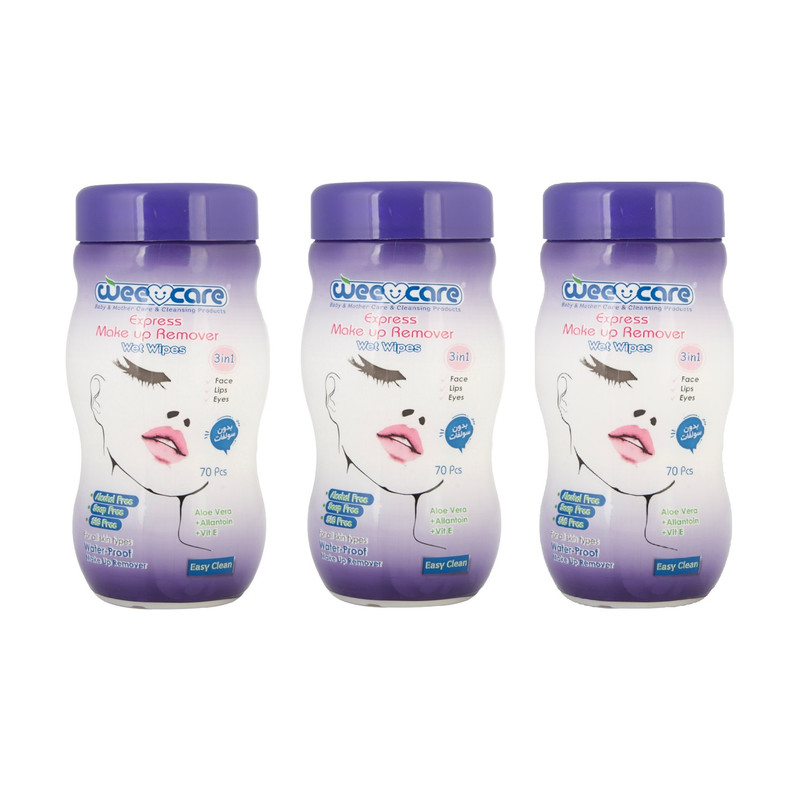 دستمال مرطوب پاک کننده آرایش وی کر مدل آلوئه ورا و ویتامین E کد 022 سه بسته 70 عددی