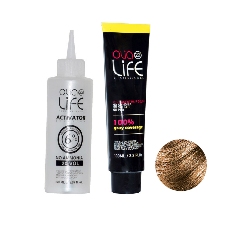 رنگ مو اولیا لایف شماره lc1 حجم 100 میلی لیتر رنگ شیر شکلات به همراه اکسیدان اولیا لایف مدل 20 vol شش درصدی حجم 150 میلی لیتر