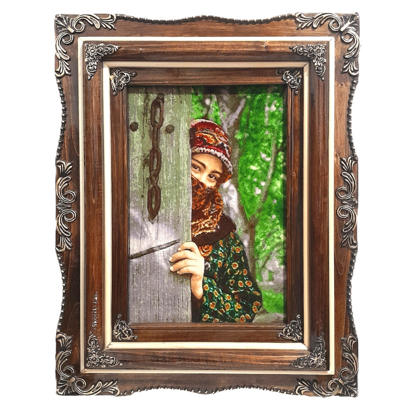 خرید و قیمت تابلو فرش دستباف طرح دختر انتظار چله ابریشم