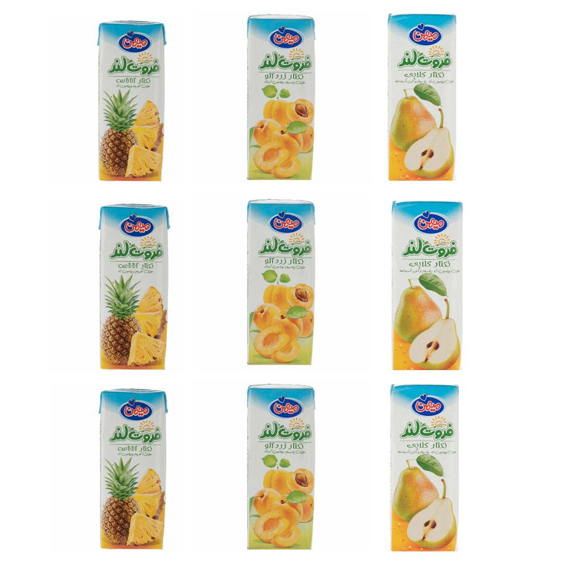 خرید و قیمت آبمیوه آناناس و زردالو و گلابی میهن - 200 میلی لیتر بسته 9 عددی