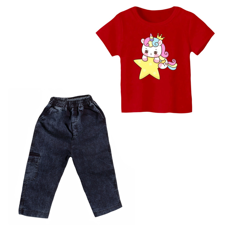 ست تی شرت و شلوارک دخترانه مدل یونیکورن کد 10 رنگ قرمز