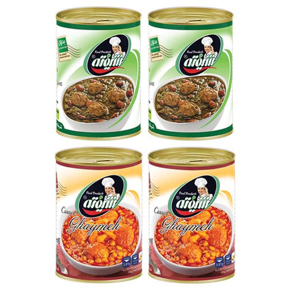 کنسرو خورشت قیمه و سیب زمینی با سویا - 370 گرم به همراه کنسرو خورشت سبزی با سویا شیفته - 370 گرم بسته 4 عددی