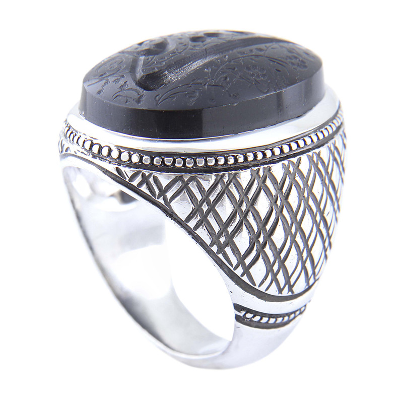 انگشتر نقره مردانه بازرگانی میلادی مدل رکاب دستساز کلکسیونی عقیق سیاه خطی کد AM_4692