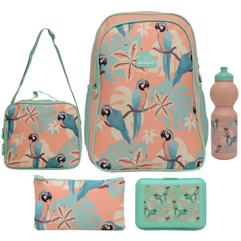 خرید و قیمت کوله پشتی نومد مدل PARROT JUNGLE به همراه باکس میوه و کیف غذا و جامدادی و بطری