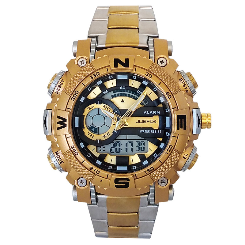 ساعت مچی عقربهای مردانه جی فوکس مدل بندفلزی دوزمانه دیجیتال و آنالوگ ضدآب آلارم تاریخ شمار کد 120