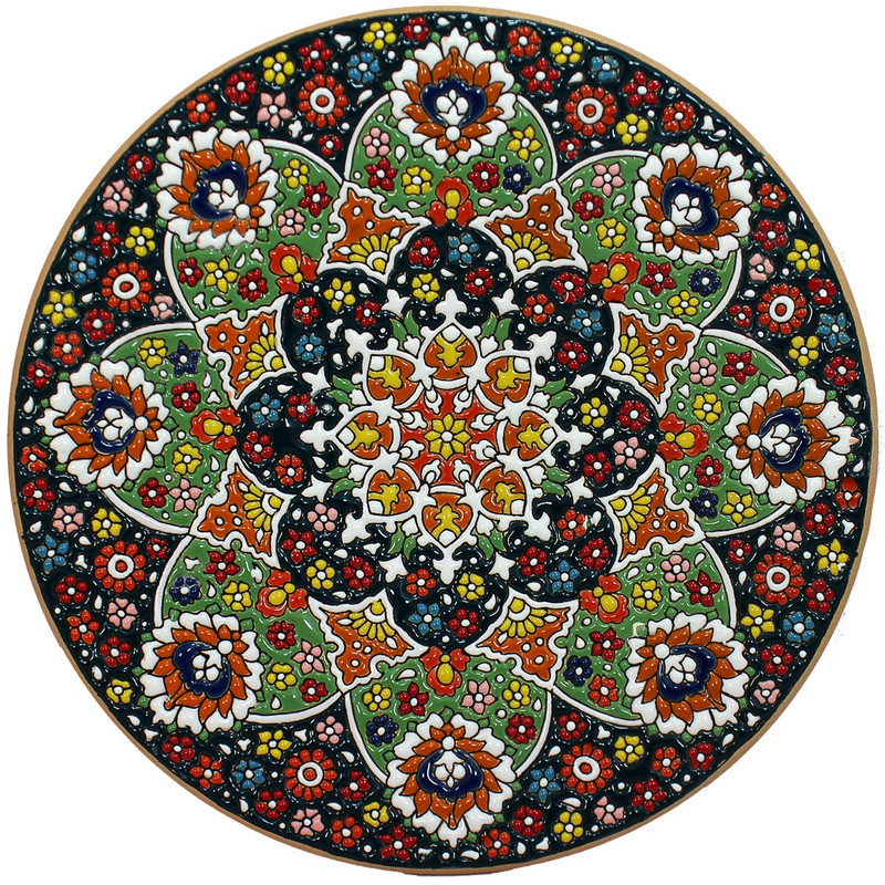 بشقاب سفالی دست نگار طرح میناکاری سایز 25 سانتی متر