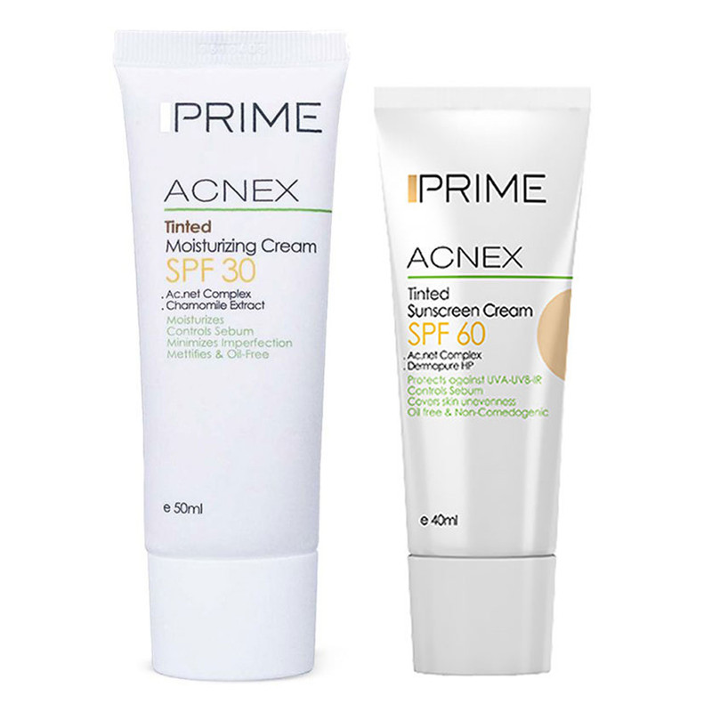 کرم ضد آفتاب رنگی پرایم SPF30 مدل Acnex محافظ UVA ،UVB، ضد جوش و آکنه، مناسب پوست آکنهای حجم 50 میلیلیتر به همراه کرم ضد آفتاب رنگی پرایم SPF60 مدل ACNEX-60 حجم 40 میلیلیتر