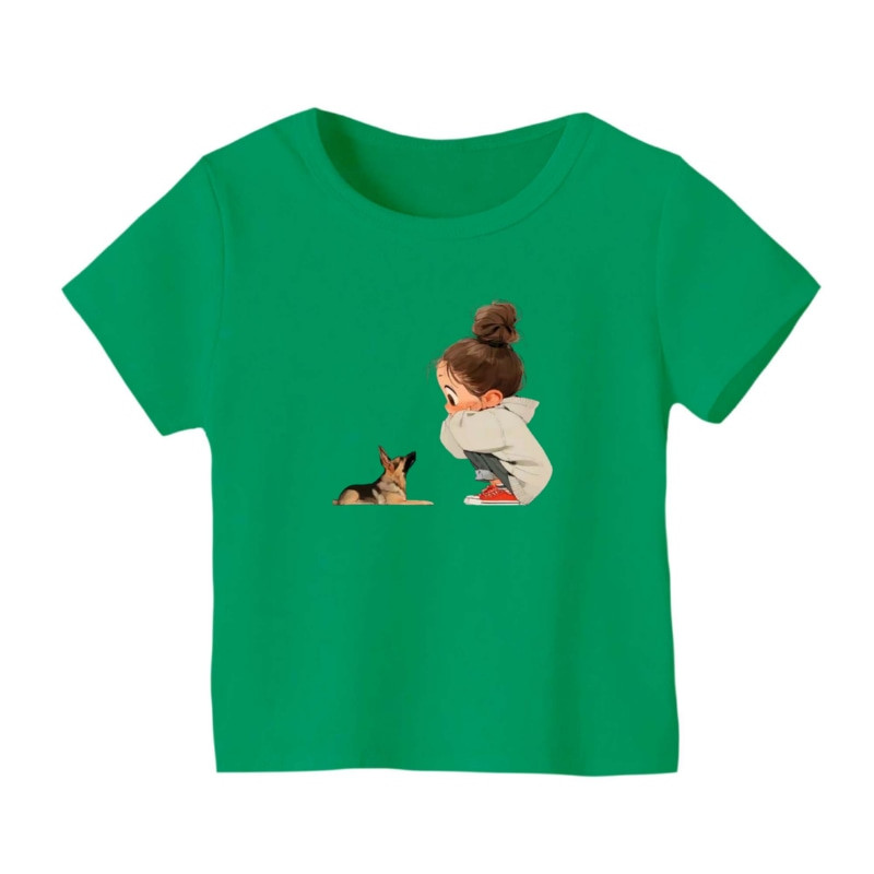 تی شرت آستین کوتاه بچگانه مدل دختر و سگ رنگ سبز