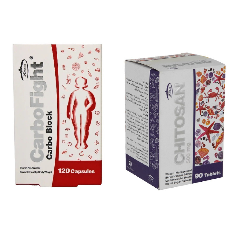خرید و قیمت قرص کیتوزان کارن بسته 90 عددی به همراه به همراه کپسول کربوفایت کارن بسته 120 عددی