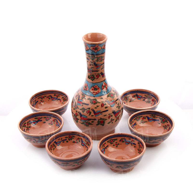 ست جام و پیاله سفالی نقاشی زیر لعابی اخرایی طرح سهره مدل 1023800001