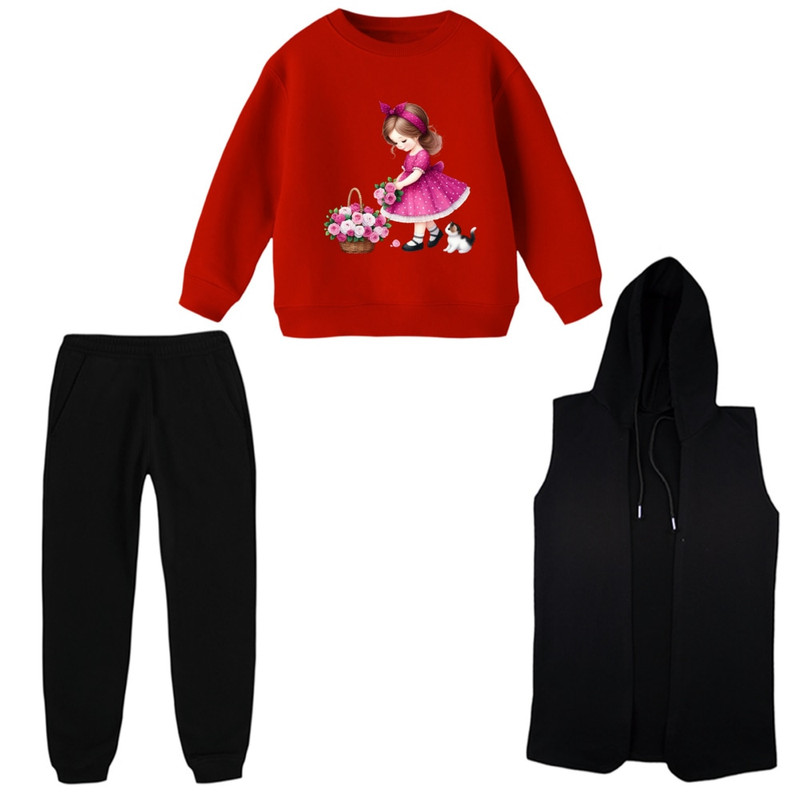 ست 3 تکه لباس دخترانه مدل گربه رنگ قرمز