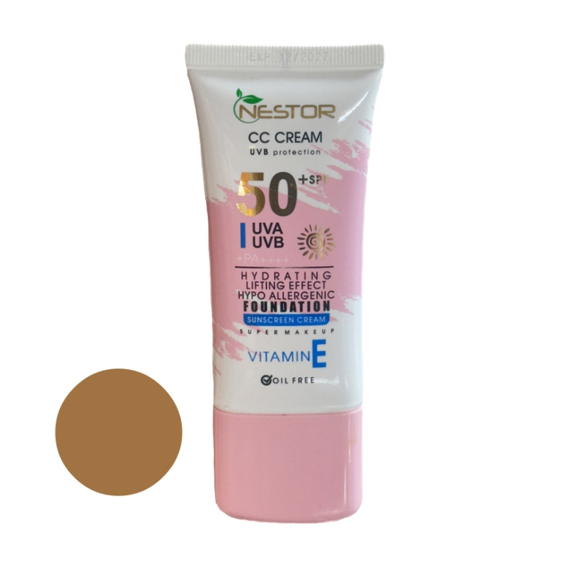 کرم ضد آفتاب رنگی نستور SPF 50 شماره 4 مدل ویتامین E مناسب پوستهای خشک حجم 50 میلیلیتر