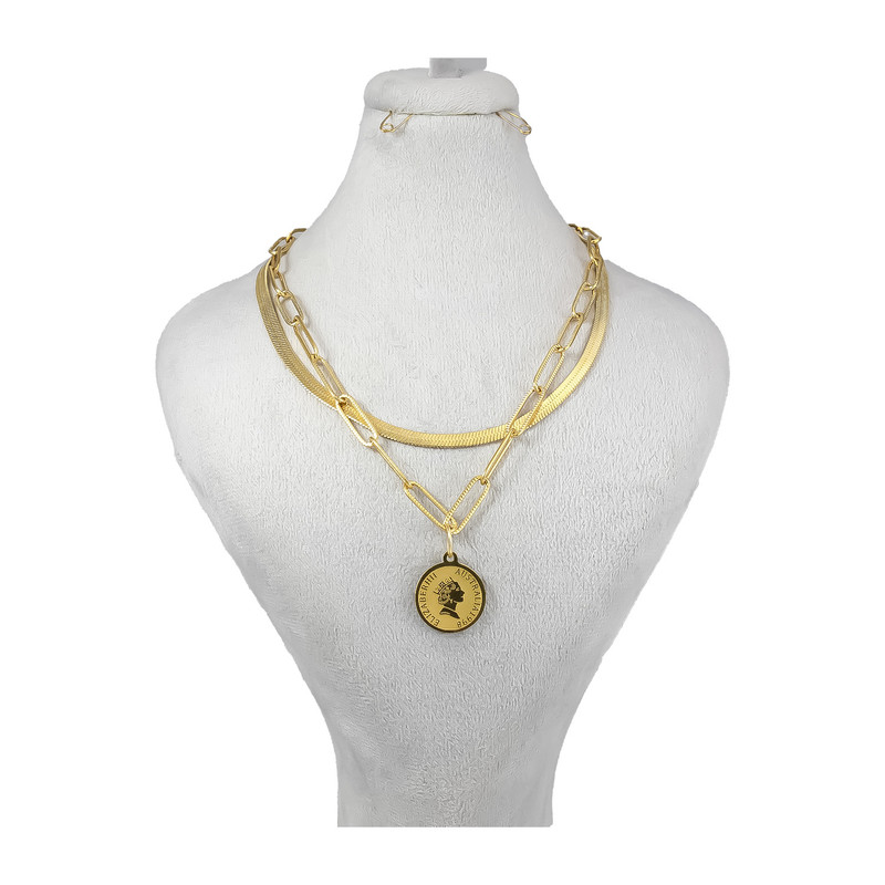 گردنبند زنانه مدل دو لاین زنجیری طرح سکه الیزابت
