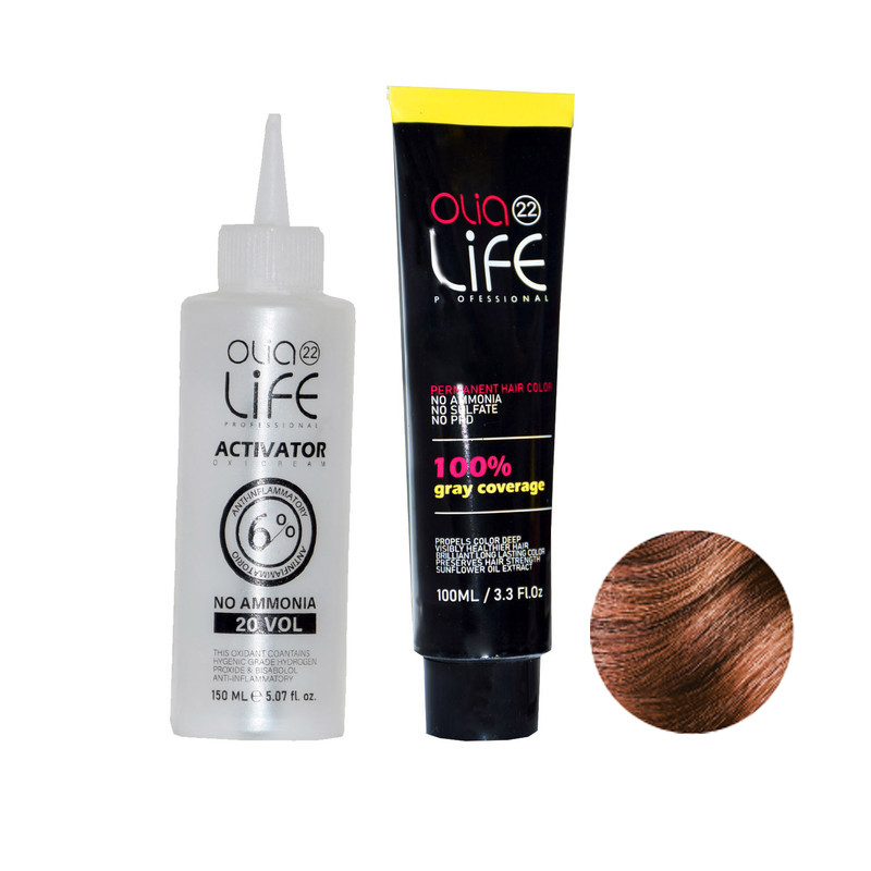 رنگ مو اولیا لایف شماره 5.35 حجم 100 میلی لیتر رنگ فندقی به همراه اکسیدان اولیا لایف مدل 20 vol شش درصدی حجم 150 میلی لیتر