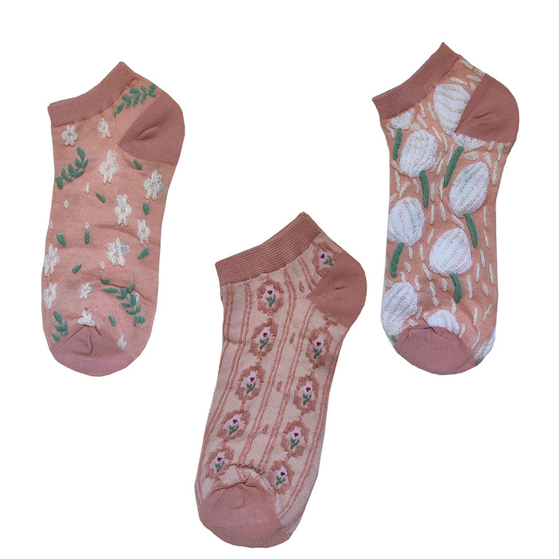 جوراب ساق کوتاه دخترانه مدل گلهای بهاری کد S3 مجموعه 3 عددی