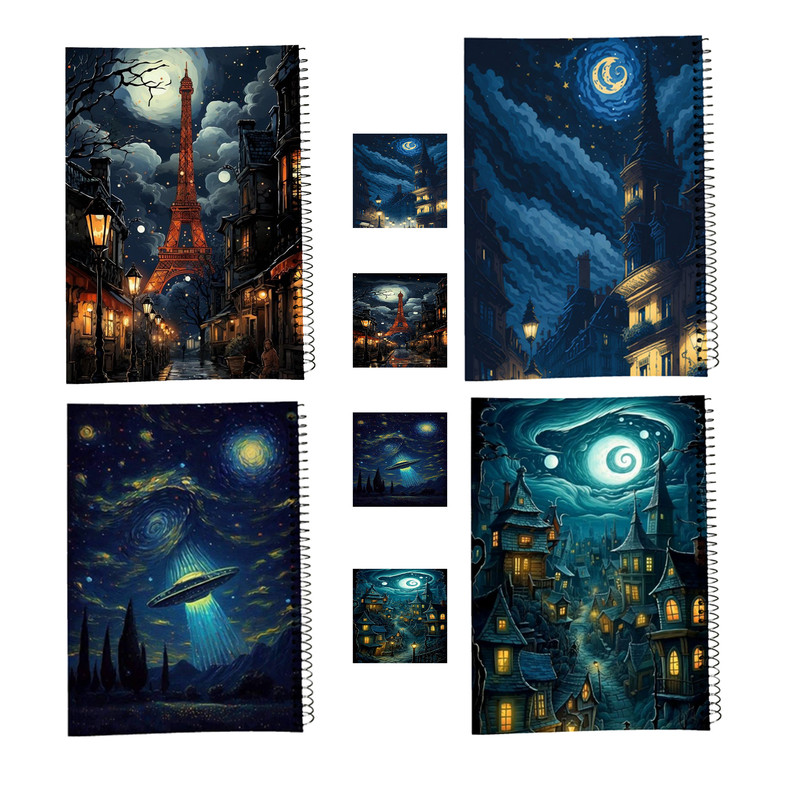 دفتر مشق 100 برگ طرح ونگوگ کد A1 به همراه برچسب مجموعه 8 عددی