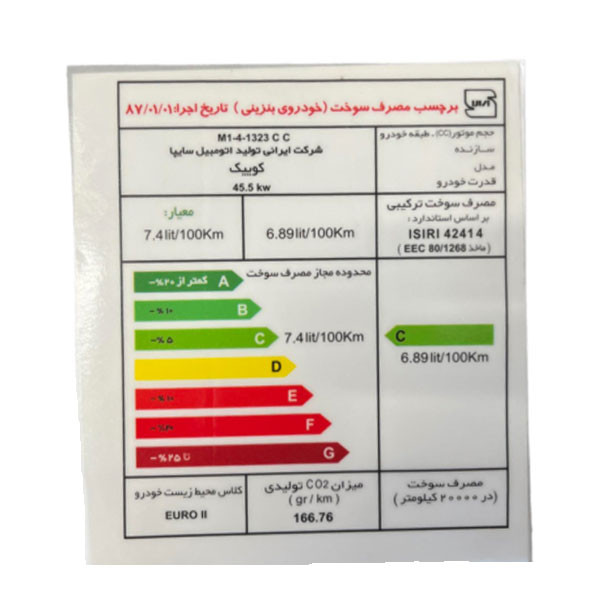 برچسب مصرف انرژی شیشه جلو خودرو وارون مدل P-663 مناسب برای کوییک