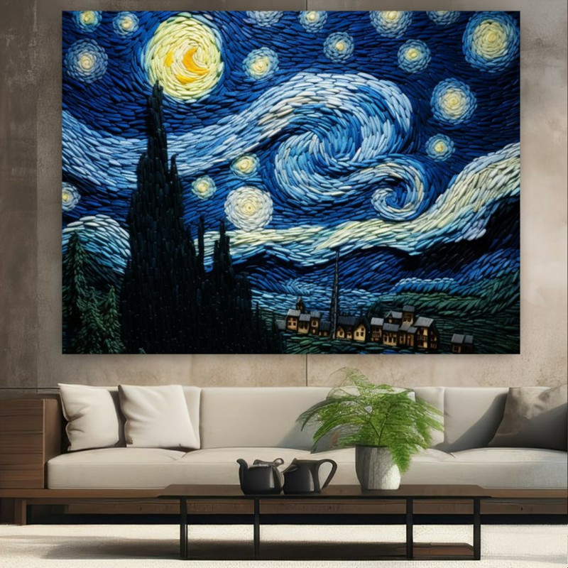 پوستر طرح نقاشی ونگوک مدل شب پر ستاره سفید و آبی کد GR767