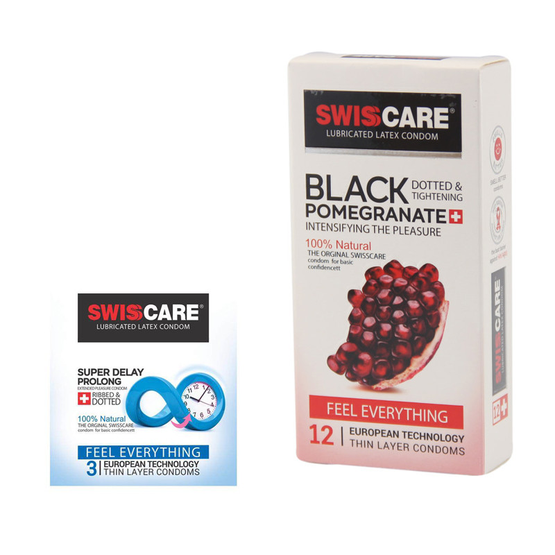 خرید و قیمت کاندوم سوئیس کر مدل BLACK POMEGRANATE بسته 12 عددی به همراه کاندوم سوئیس کر مدل SUPER DELAY بسته 3 عددی