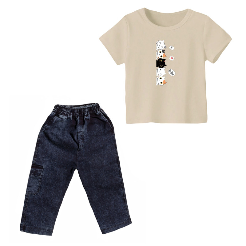 ست تی شرت و شلوارک دخترانه مدل گربه کد 5 رنگ کرم