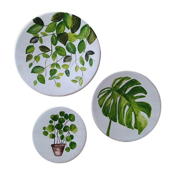 بشقاب دیوارکوب سفالی طرح برگ کد D200 مجموعه 3 عددی