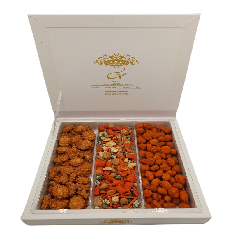 خرید و قیمت پک مزه تند آجیل ژاپنی و چیپس میگو و بادام زمینی روکش دار حقیقت- 760 گرم