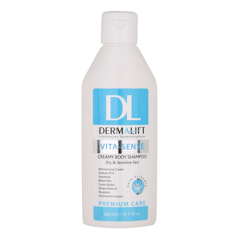 شامپو بدن درمالیفت مدل ویتاسنس با رایحه بابونه مناسب برای پوست خشک و حساس حجم 200 میلی لیتر