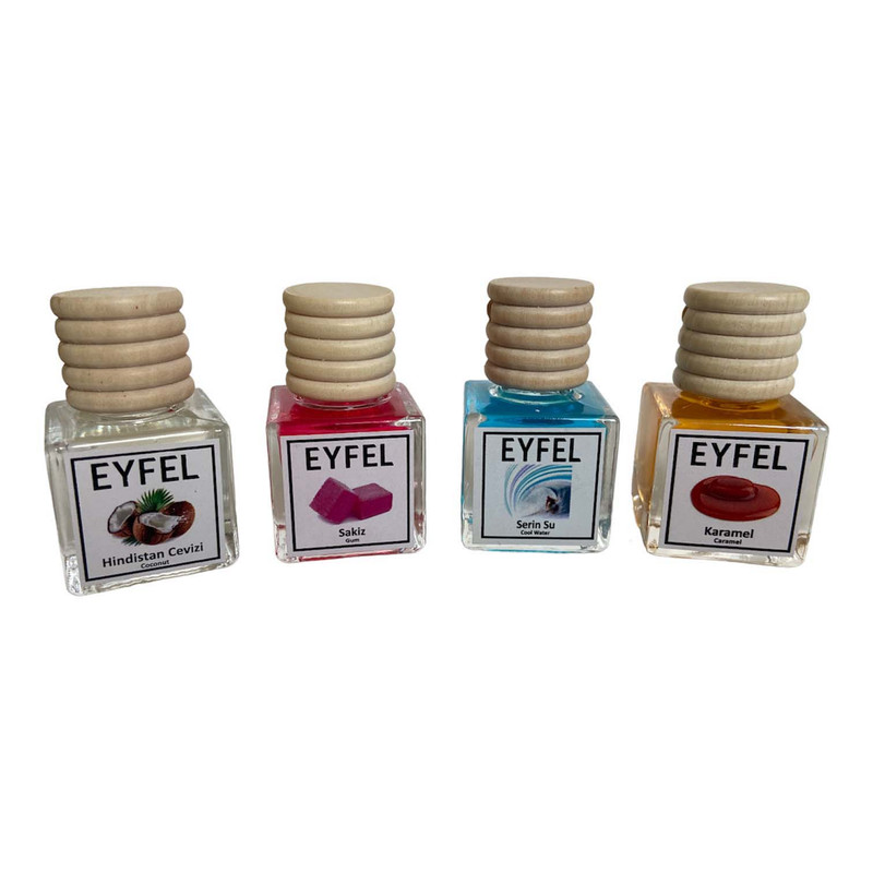 خوشبوکننده هوا خودرو ایفل مدل آدامس و کارامل و کول واتر و نارگیل کد Gum-Caramel-Cool Water-Coconut حجم 10 میلی لیتر بسته 4 عددی