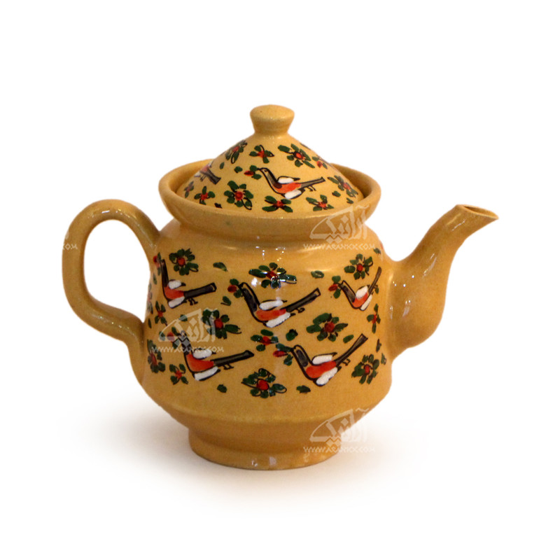 قوری سفالی نقاشی زیر لعابی رنگ قهوه ای روشن طرح سهره مدل 1006500010