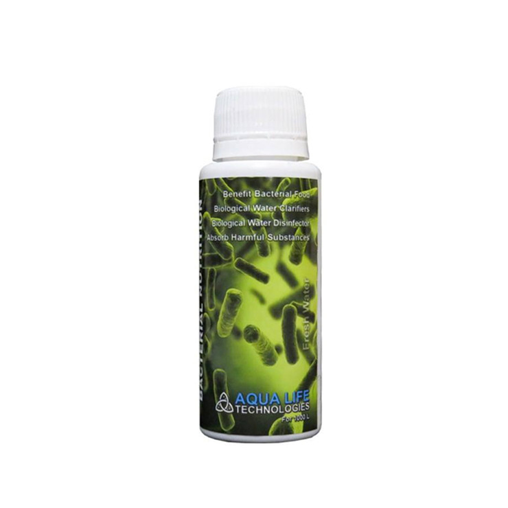 محلول خوراک باکتری های مفید آب آکواریوم آکوالایف مدل bact100 حجم 100 میلی لیتر به همراه یک عدد دلفین تزئینی