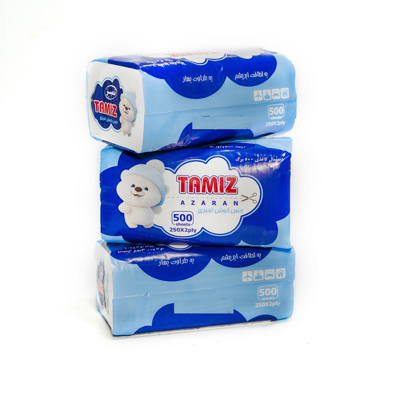 خرید و قیمت دستمال کاغذی 250 برگ دولایه تمیز آذران مدل 2A500 بسته 3 عددی