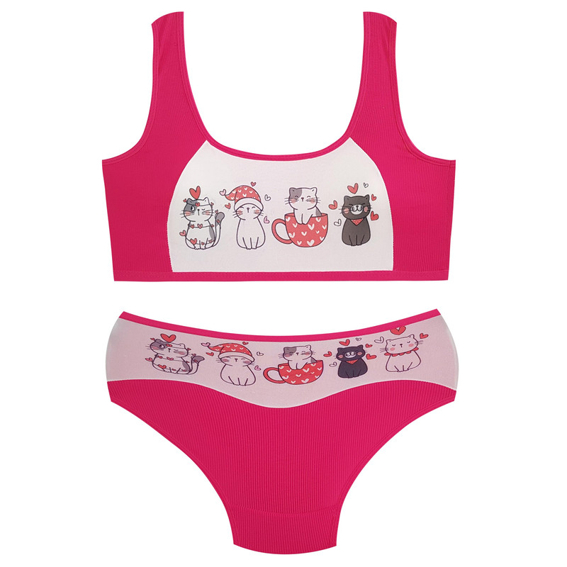 ست شورت و نیم تنه دخترانه ماییلدا مدل پددار گربه و فنجان کد 5164-4 رنگ سرخابی