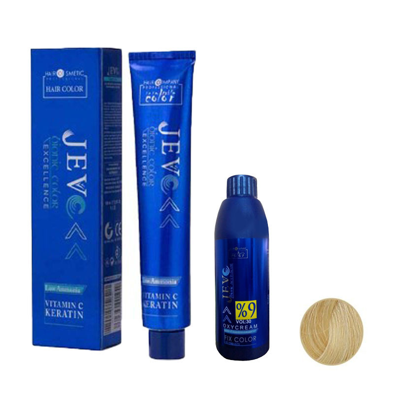 رنگ مو جوو مدل Excellence شماره 12.00 حجم 100 میلی لیتر رنگ طلایی به همراه اکسیدان جوو کد 01 نه درصدی حجم 150 میلی لیتر