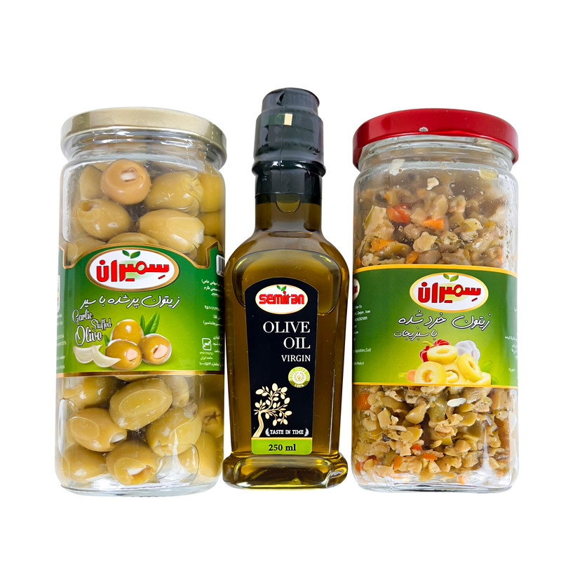 زیتون با سبزیجات و روغن زیتون بکر و زیتون سیردار سمیران مجموعه 3 عددی