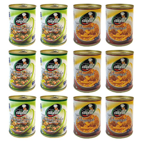 کنسرو خورشت قیمه و سیب زمینی با سویا شیفته - 370 گرم به همراه کنسرو خورشت سبزی با سویا شیفته - 370 گرم بسته 12 عددی