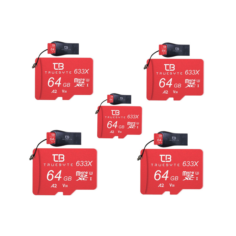 خرید و قیمت کارت حافظه microSD XC تروبایت مدل 633X-A2-V30 کلاس 10 استاندارد UHS-I U3 سرعت 95MBps ظرفیت 64 گیگابایت به همراه کارت خوان بسته 5 عددی