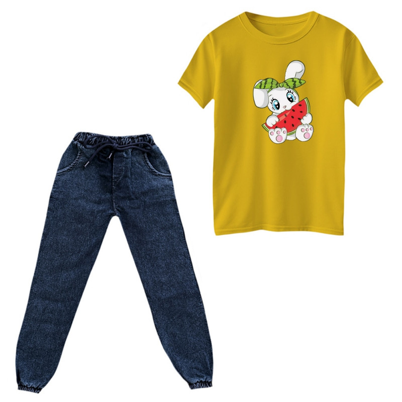 ست تیشرت و شلوار دخترانه مدل خرگوش یلدایی کد 6 رنگ زرد