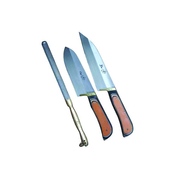 چاقو آشپزخانه دست ساز مدل px90 به همراه چاقو تیز کن مجموعه 3 عددی
