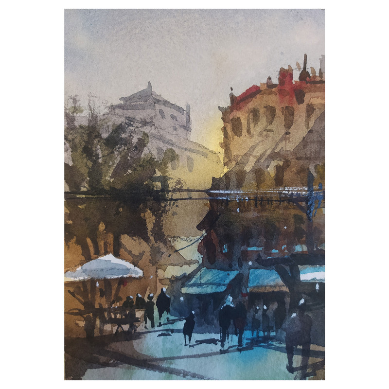 نقاشی آبرنگ طرح منظره شهری کد 110