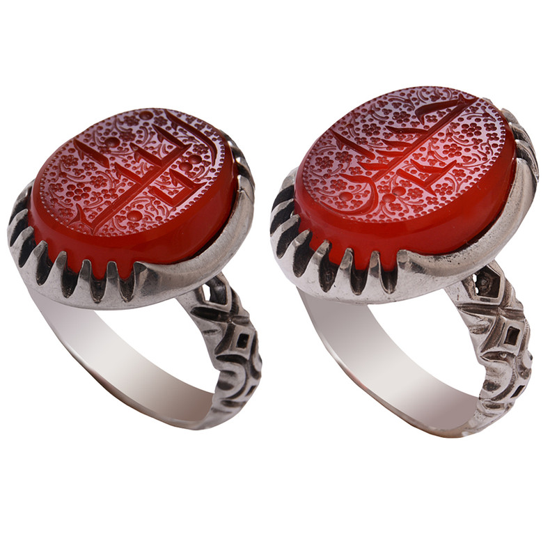 ست انگشتر نقره زنانه و مردانه ملک زیور مدل عقیق حکاکی دستی یا حسین و یا زینب